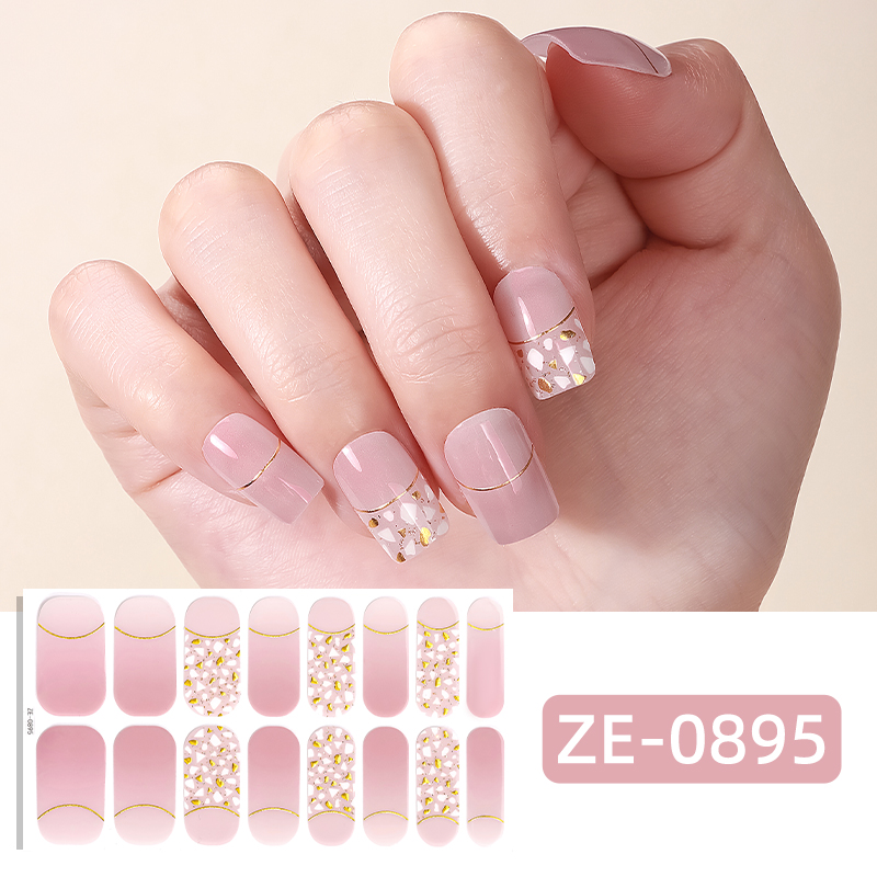 Full Cover Adhesive - 16 قطعة ملصقات أظافر وردية لامعة