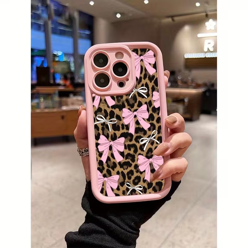 Apple Iphone 15 Pro Max - غطاء هاتف بنقشة الفهد مع فيونكة